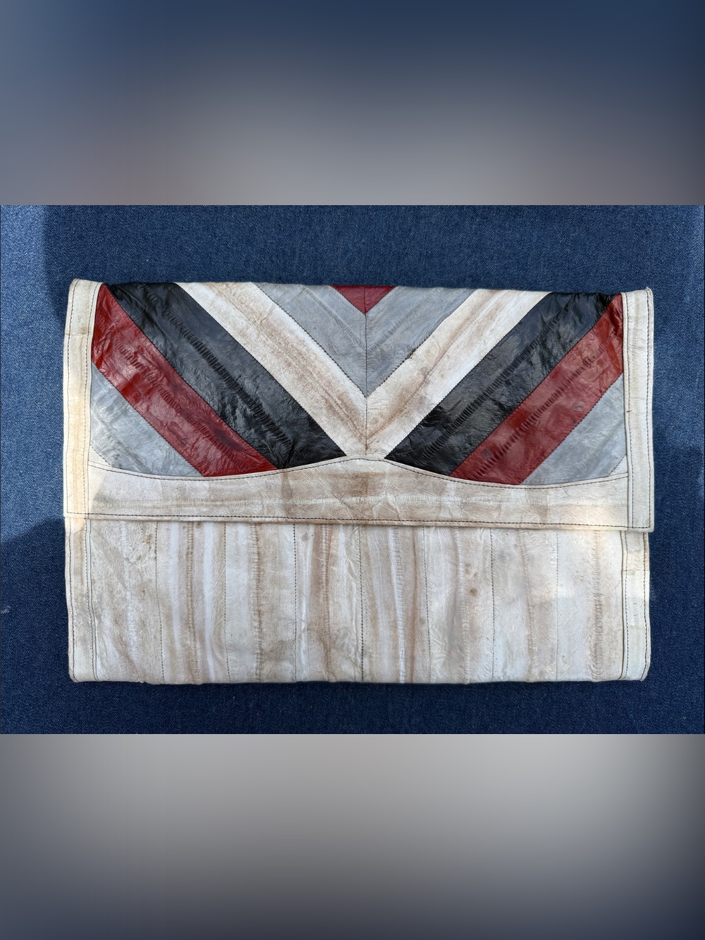 70s Vintage Eel Leather Fold-Over Clutch Chevron Stripe Cream Red Black Gray